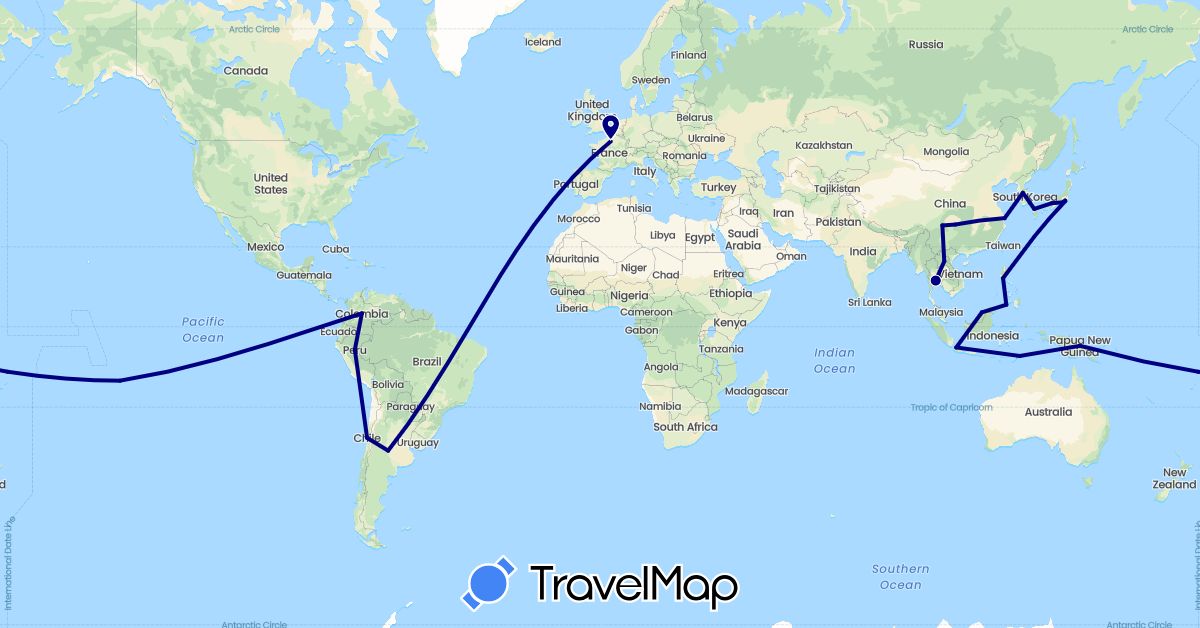 TravelMap itinerary: driving in Argentina, Brunei, Chile, China, Colombia, France, Indonesia, Japan, South Korea, Laos, Papua New Guinea, Philippines, Thailand, East Timor (Asia, Europe, Oceania, South America)