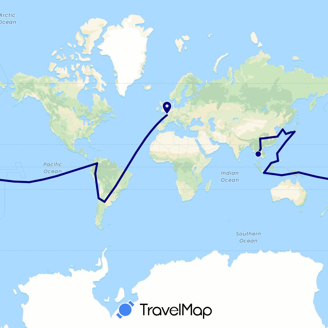 TravelMap itinerary: driving in Argentina, Brunei, Chile, China, Colombia, France, Indonesia, Japan, South Korea, Laos, Papua New Guinea, Philippines, Thailand, East Timor (Asia, Europe, Oceania, South America)